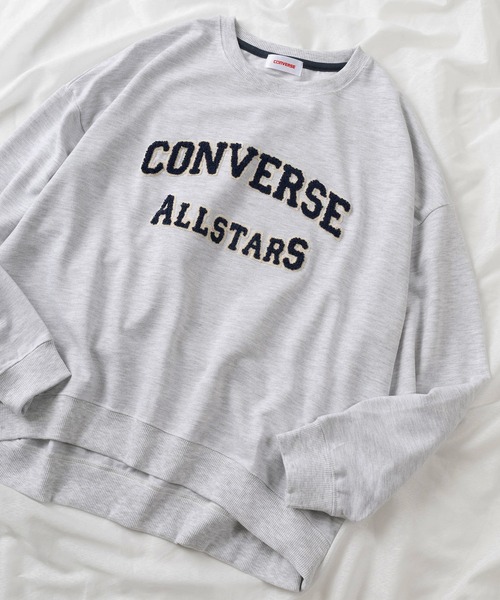CONVERSE(コンバース)の「【CONVERSE/コンバース】ブランドネーム サガラ刺繍&アップリケ ワッペンデザイン ワイドシルエット クルーネックスウェット/トレーナー(スウェット・レディース・ホワイト/アッシュグレー/ネイビー/オレンジ/ブルー/ライトグリーン/ヘザーグレー/スミクロ・M/L)」の4枚目の写真