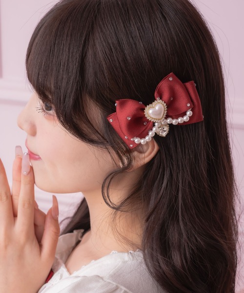 パール付きビジュリボンクリップSET（バレッタ/ヘアクリップ