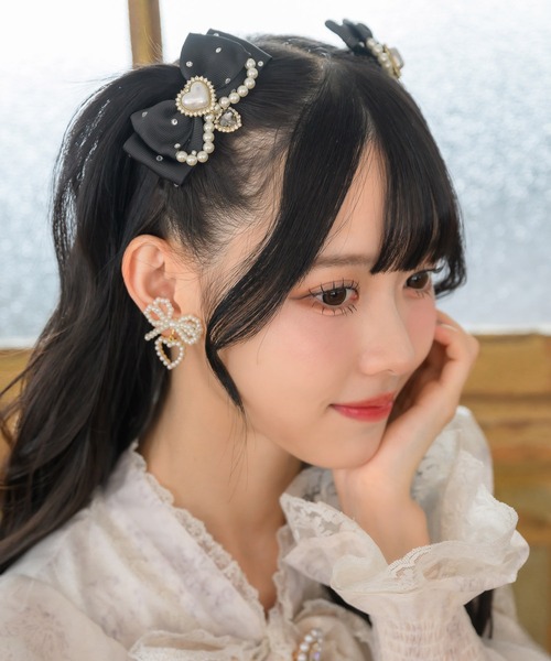 パール付きビジュリボンクリップSET（バレッタ/ヘアクリップ