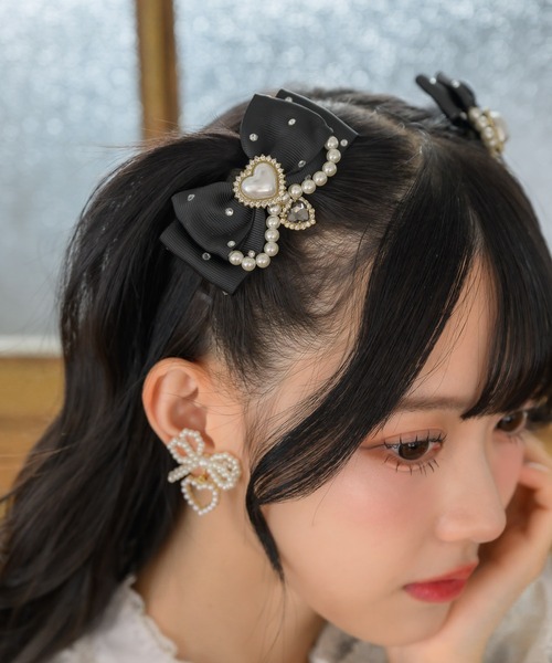 パール付きビジュリボンクリップSET（バレッタ/ヘアクリップ