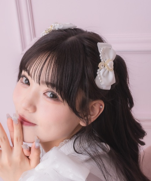 パール付きビジュリボンクリップSET（バレッタ/ヘアクリップ
