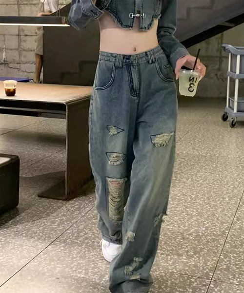 i-dare(アイディア)の「【i-dare】アシンメトリー ダメージ加工 デニムパンツ(デニムパンツ・レディース・ブルー・LARGE/MEDIUM/SMALL)」の2枚目の写真
