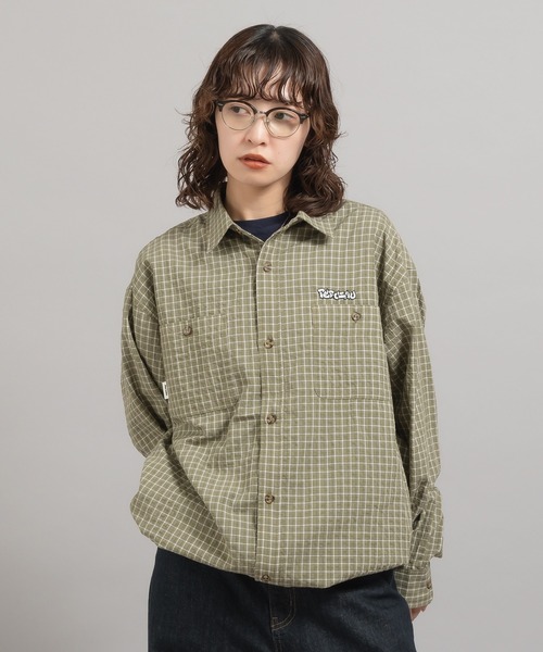 長袖シャツ ユニセックス チェック柄 ロゴ刺繍 レトロ感 3色 yit3mo-c1086a0.jpg
