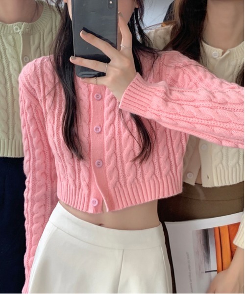 Per sist ence(パーシエンス)の「ケーブルニットショート丈カーディガン(カーディガン/ボレロ・レディース・ホワイト/グリーン/ピンク/ベージュ/ネイビー/ブラック・FREE)」の6枚目の写真