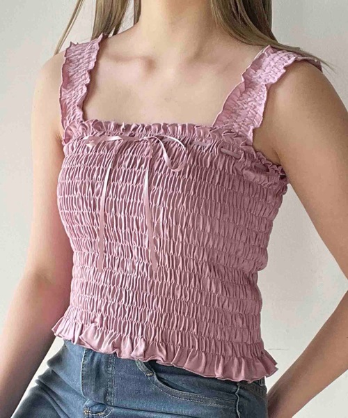 one way(ワンウェイ)の「シャーリングリボンキャミソール(キャミソール・レディース・ブルー/ホワイト/ピンク/ブラック・FREE)」の4枚目の写真