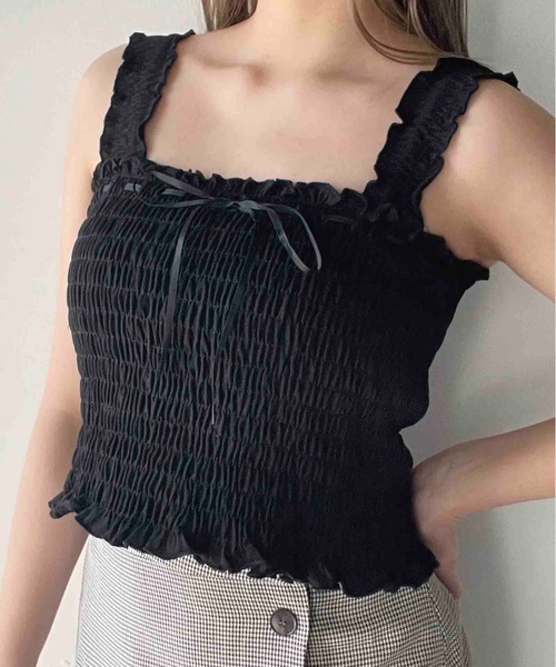 one way(ワンウェイ)の「シャーリングリボンキャミソール(キャミソール・レディース・ブルー/ホワイト/ピンク/ブラック・FREE)」の3枚目の写真