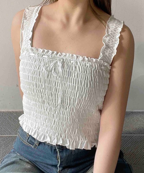 one way(ワンウェイ)の「シャーリングリボンキャミソール(キャミソール・レディース・ブルー/ホワイト/ピンク/ブラック・FREE)」の7枚目の写真