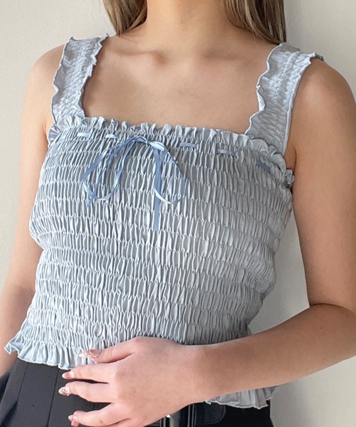 one way(ワンウェイ)の「シャーリングリボンキャミソール(キャミソール・レディース・ブルー/ホワイト/ピンク/ブラック・FREE)」の5枚目の写真