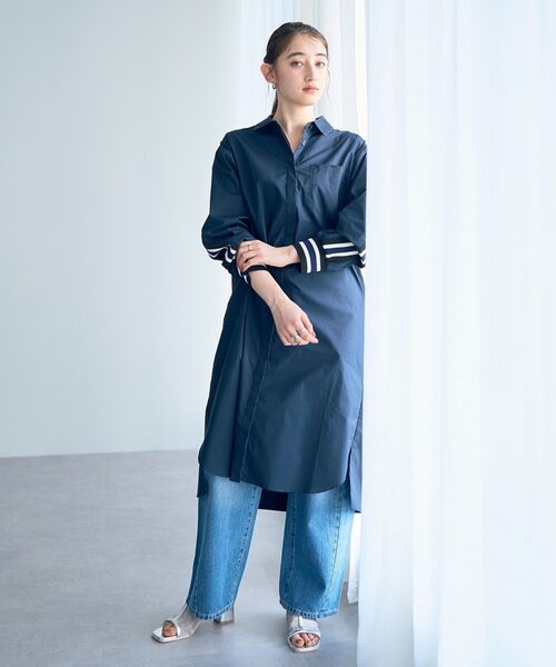 Editt by YECCA VECCA（エディットバイイェッカヴェッカ）の「リブMIXシャツワンピース（シャツワンピース・レディース・ストライプ/ネイビー/オフホワイト・FREE）」の6枚目の写真