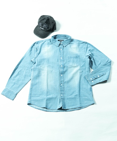 BARCEDOS（バルセドス）の「【Nylaus】ライトオンス デニムシャツ 長袖（シャツ/ブラウス・メンズ・ネイビー/ブルー/ケミカルウォッシュ・LL/M/L）」の16枚目の写真