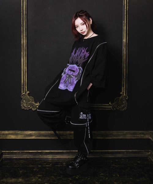 tシャツ DEVIL BEARプリントロングZIPTシャツ レディース メンズ セール】DEVIL BEARプリントロングZIPTシャツ（Tシャツ