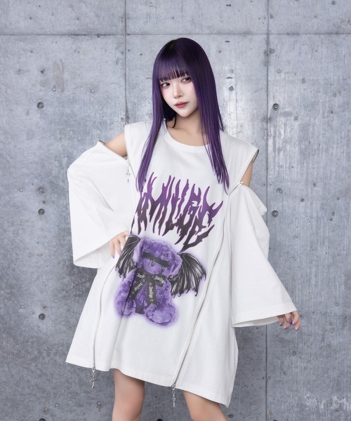 tシャツ DEVIL BEARプリントロングZIPTシャツ レディース メンズ セール】DEVIL BEARプリントロングZIPTシャツ（Tシャツ
