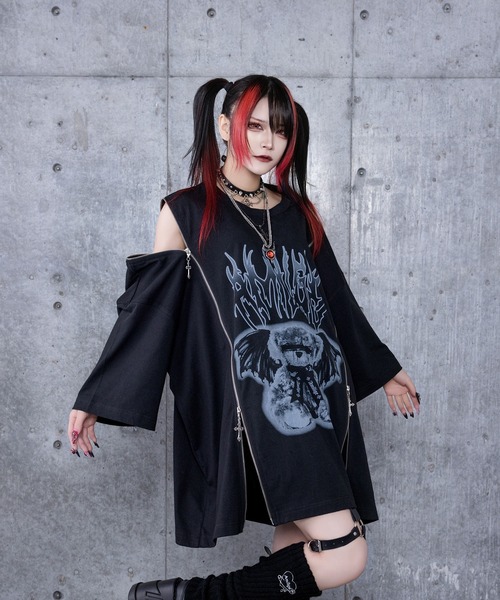 tシャツ DEVIL BEARプリントロングZIPTシャツ レディース メンズ セール】DEVIL BEARプリントロングZIPTシャツ（Tシャツ