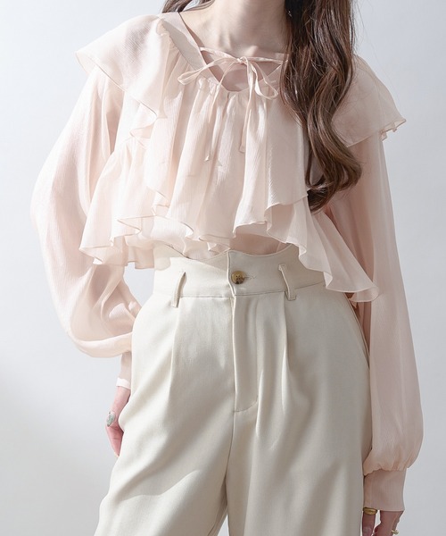 Ambre Neige(アンブルネージュ)の「sheer ruffle frill blouse / シアーラッフルフリルブラウス(シャツ/ブラウス・レディース・アイボリー/ライトブルー/ピンクベージュ・FREE)」の3枚目の写真
