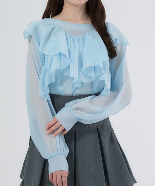 セール】sheer ruffle frill blouse / シアーラッフルフリル