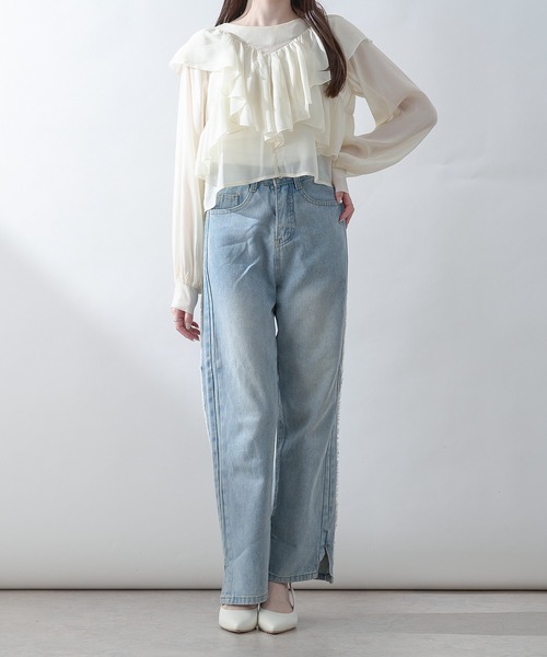 Ambre Neige(アンブルネージュ)の「sheer ruffle frill blouse / シアーラッフルフリルブラウス(シャツ/ブラウス・レディース・アイボリー/ライトブルー/ピンクベージュ・FREE)」の9枚目の写真