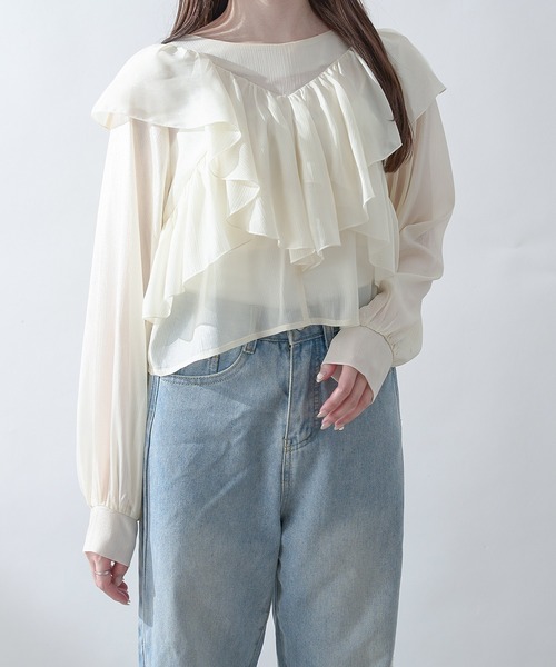 Ambre Neige(アンブルネージュ)の「sheer ruffle frill blouse / シアーラッフルフリルブラウス(シャツ/ブラウス・レディース・アイボリー/ライトブルー/ピンクベージュ・FREE)」の4枚目の写真