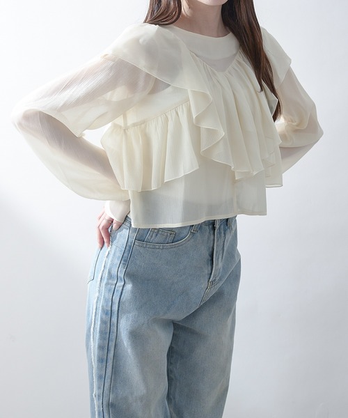 Ambre Neige(アンブルネージュ)の「sheer ruffle frill blouse / シアーラッフルフリルブラウス(シャツ/ブラウス・レディース・アイボリー/ライトブルー/ピンクベージュ・FREE)」の5枚目の写真
