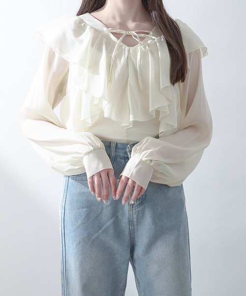 Ambre Neige(アンブルネージュ)の「sheer ruffle frill blouse / シアーラッフルフリルブラウス(シャツ/ブラウス・レディース・アイボリー/ライトブルー/ピンクベージュ・FREE)」の7枚目の写真
