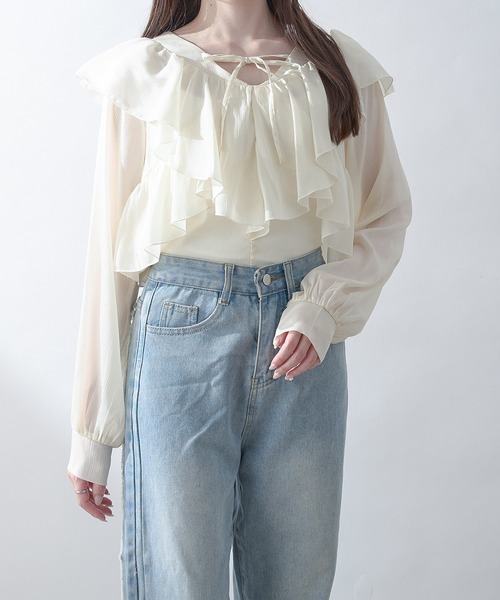 Ambre Neige(アンブルネージュ)の「sheer ruffle frill blouse / シアーラッフルフリルブラウス(シャツ/ブラウス・レディース・アイボリー/ライトブルー/ピンクベージュ・FREE)」の8枚目の写真