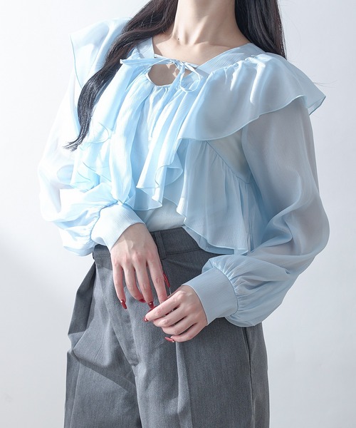 Ambre Neige(アンブルネージュ)の「sheer ruffle frill blouse / シアーラッフルフリルブラウス(シャツ/ブラウス・レディース・アイボリー/ライトブルー/ピンクベージュ・FREE)」の17枚目の写真