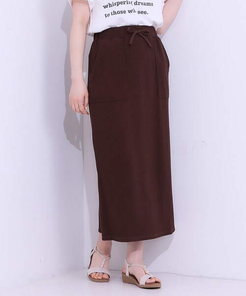Cutie Blonde(キューティーブロンド)の「【S-LL】ウエストゴムで楽ちん カットリブナロースカート(スカート・レディース・ブラック/グリーン/ダークブラウン/オレンジ・01/02/03/04)」の3枚目の写真