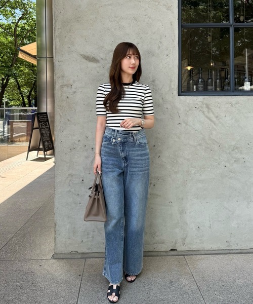 男女兼用 ワイド デニムパンツ ストレートバックロゴ カジュアル セール】【骨格ストレート大優勝!】クロスウエストワイド