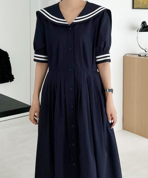 frunco(フランコ)の「セーラー襟ワンピース(ワンピース・レディース・ホワイト/ネイビー・FREE)」の2枚目の写真