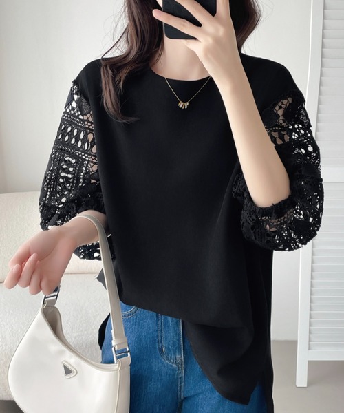 ABITOKYO(アビトーキョー)の「袖レース切替ブラウス(シャツ/ブラウス・レディース・ホワイト/ブラック・M/XL/L)」の1枚目の写真