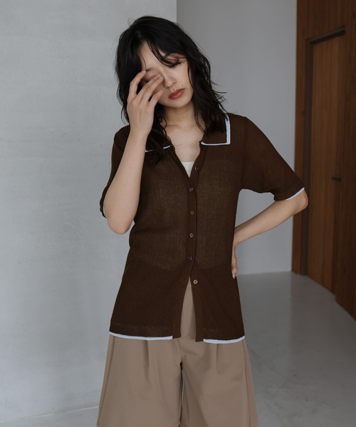 hellam(へラム)の「配色レイヤード風ポロニットカーデ(カーディガン/ボレロ・レディース・アイボリー/杢グレー/チャコール/ブラウン・FREE)」の8枚目の写真