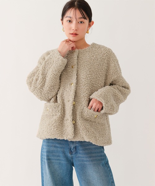 セール】ボアノーカラーゴールド釦ジャケット（ノーカラージャケット