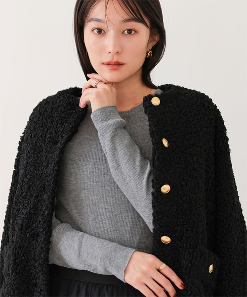 セール】ボアノーカラーゴールド釦ジャケット（ノーカラージャケット