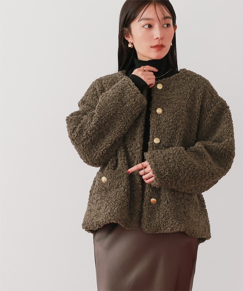 セール】ボアノーカラーゴールド釦ジャケット（ノーカラージャケット