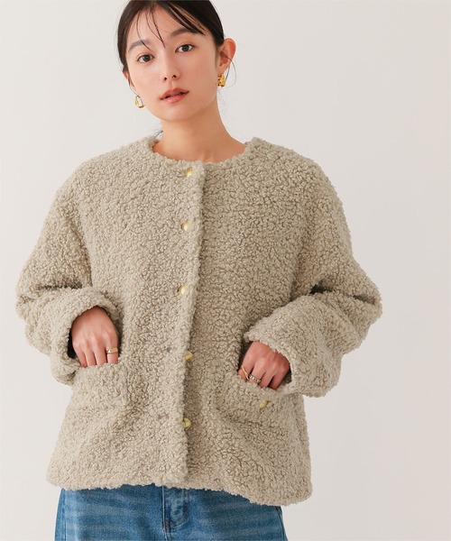 セール】ボアノーカラーゴールド釦ジャケット（ノーカラージャケット