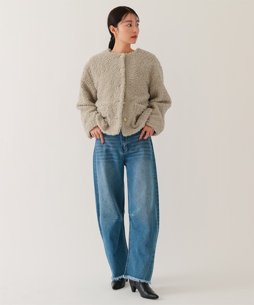 セール】ボアノーカラーゴールド釦ジャケット（ノーカラージャケット