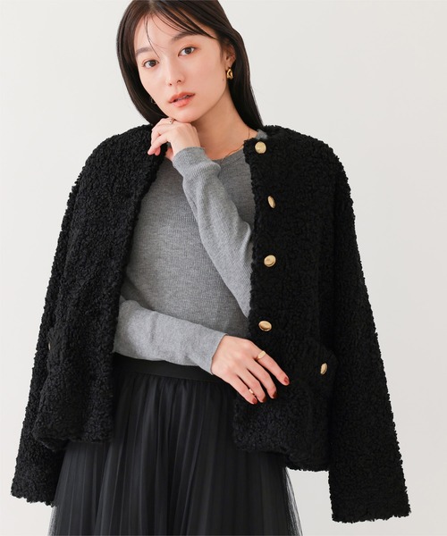 セール】ボアノーカラーゴールド釦ジャケット（ノーカラージャケット