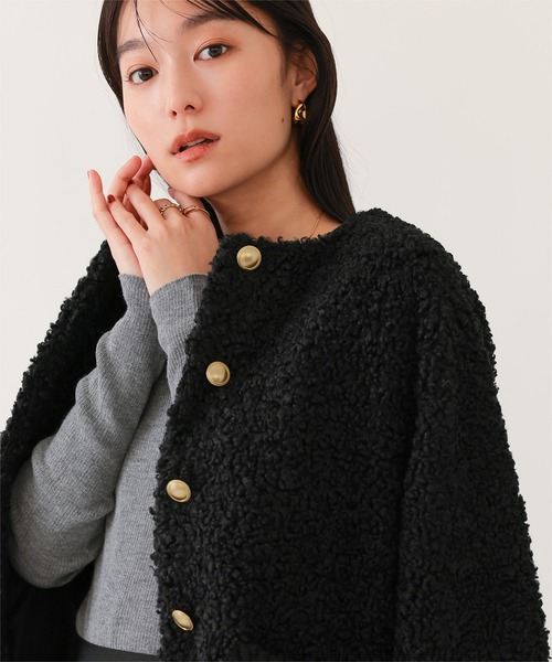 セール】ボアノーカラーゴールド釦ジャケット（ノーカラージャケット