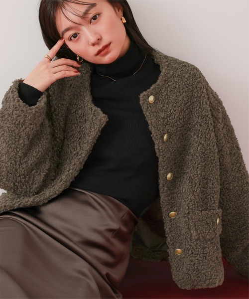 セール】ボアノーカラーゴールド釦ジャケット（ノーカラージャケット