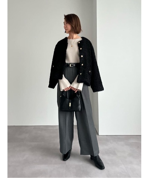 セール】ボアノーカラーゴールド釦ジャケット（ノーカラージャケット