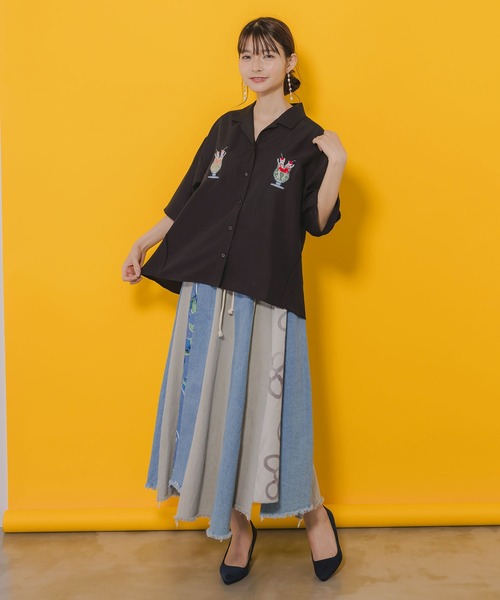 【SALE 10%OFF】 ScoLar スカラー レトロなネコソーダ 刺繍 シャツ 夏 レディース ゆったり 半袖 ブラウス おしゃれ 羽織 前開き 152663：レトロなネコソーダ刺繍シャツ（シャツ/ブラウス