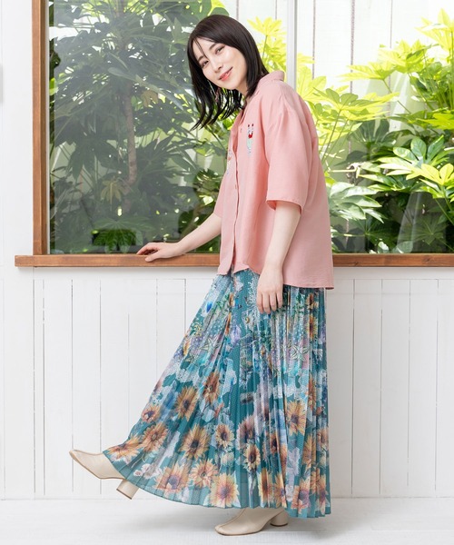 【SALE 10%OFF】 ScoLar スカラー レトロなネコソーダ 刺繍 シャツ 夏 レディース ゆったり 半袖 ブラウス おしゃれ 羽織 前開き 152663：レトロなネコソーダ刺繍シャツの通販-ScoLar