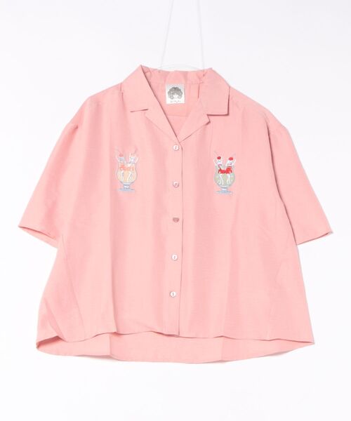 【SALE 10%OFF】 ScoLar スカラー レトロなネコソーダ 刺繍 シャツ 夏 レディース ゆったり 半袖 ブラウス おしゃれ 羽織 前開き 152663：レトロなネコソーダ刺繍シャツ（シャツ/ブラウス