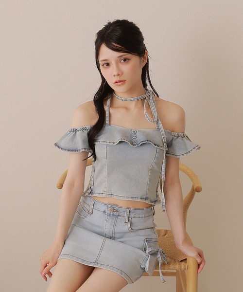 M DOLLY(エムドリー)の「*M DOLLY original* side ribbon denim mini skirt/サイドリボンデニムミニスカート(デニムスカート・レディース・ライトブルー・XS/S/M)」の6枚目の写真