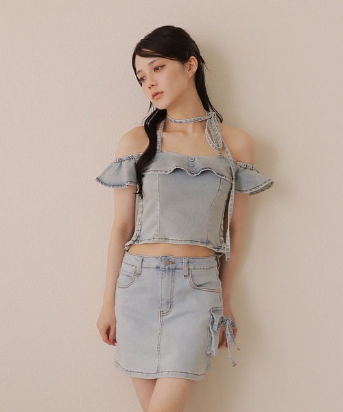 M DOLLY(エムドリー)の「*M DOLLY original* side ribbon denim mini skirt/サイドリボンデニムミニスカート(デニムスカート・レディース・ライトブルー・XS/S/M)」の7枚目の写真
