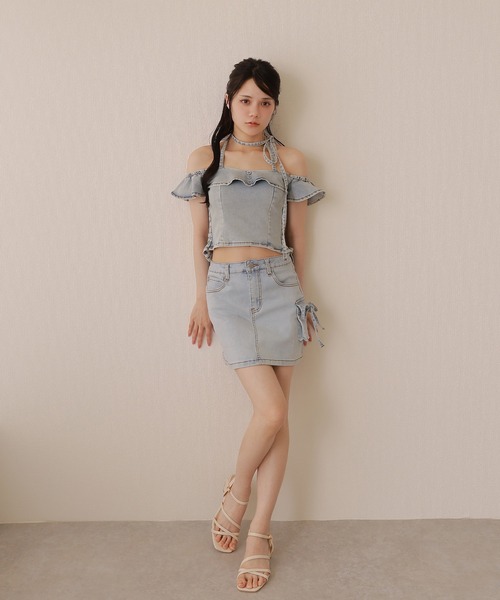 M DOLLY(エムドリー)の「*M DOLLY original* side ribbon denim mini skirt/サイドリボンデニムミニスカート(デニムスカート・レディース・ライトブルー・XS/S/M)」の8枚目の写真
