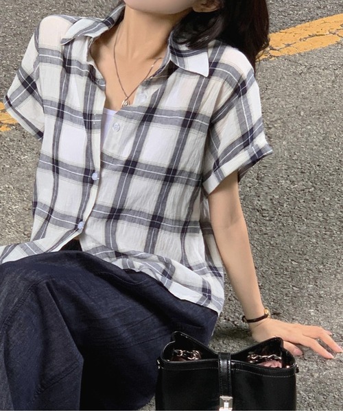 gossip!ロサンゼルス(ゴシップロサンゼルス)の「Y2K アーバンチェック 半袖シャツ(Tシャツ/カットソー・レディース・ブラック/ネイビー/ブラウン・FREE)」の15枚目の写真