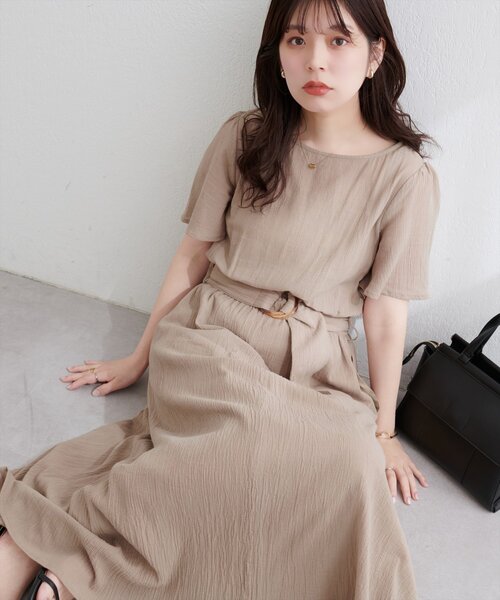 natural couture(ナチュラルクチュール)の「【WEB限定】フレア袖太ベルトワンピース(ワンピース・レディース・グリーン/ブルー/レンガ/ブラック/ベージュ/ブラウン・FREE)」の1枚目の写真