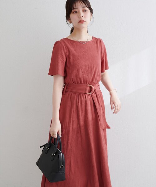 natural couture(ナチュラルクチュール)の「【WEB限定】フレア袖太ベルトワンピース(ワンピース・レディース・グリーン/ブルー/レンガ/ブラック/ベージュ/ブラウン・FREE)」の6枚目の写真