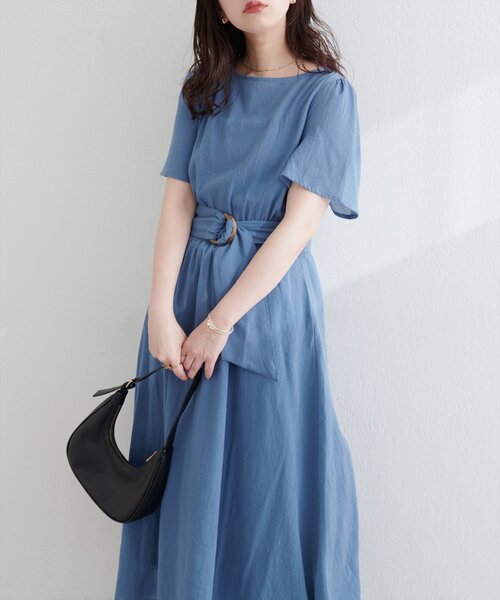 natural couture(ナチュラルクチュール)の「【WEB限定】フレア袖太ベルトワンピース(ワンピース・レディース・グリーン/ブルー/レンガ/ブラック/ベージュ/ブラウン・FREE)」の5枚目の写真