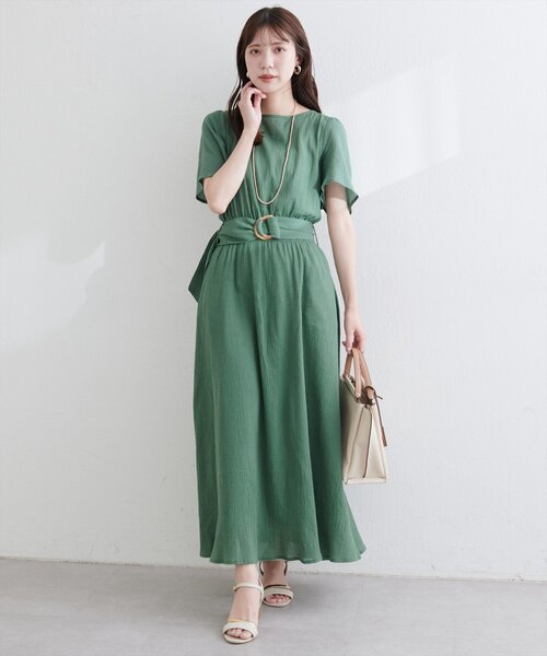 natural couture(ナチュラルクチュール)の「【WEB限定】フレア袖太ベルトワンピース(ワンピース・レディース・グリーン/ブルー/レンガ/ブラック/ベージュ/ブラウン・FREE)」の4枚目の写真